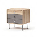 Wooden nightstand with three drawers and metal legs in natural finish