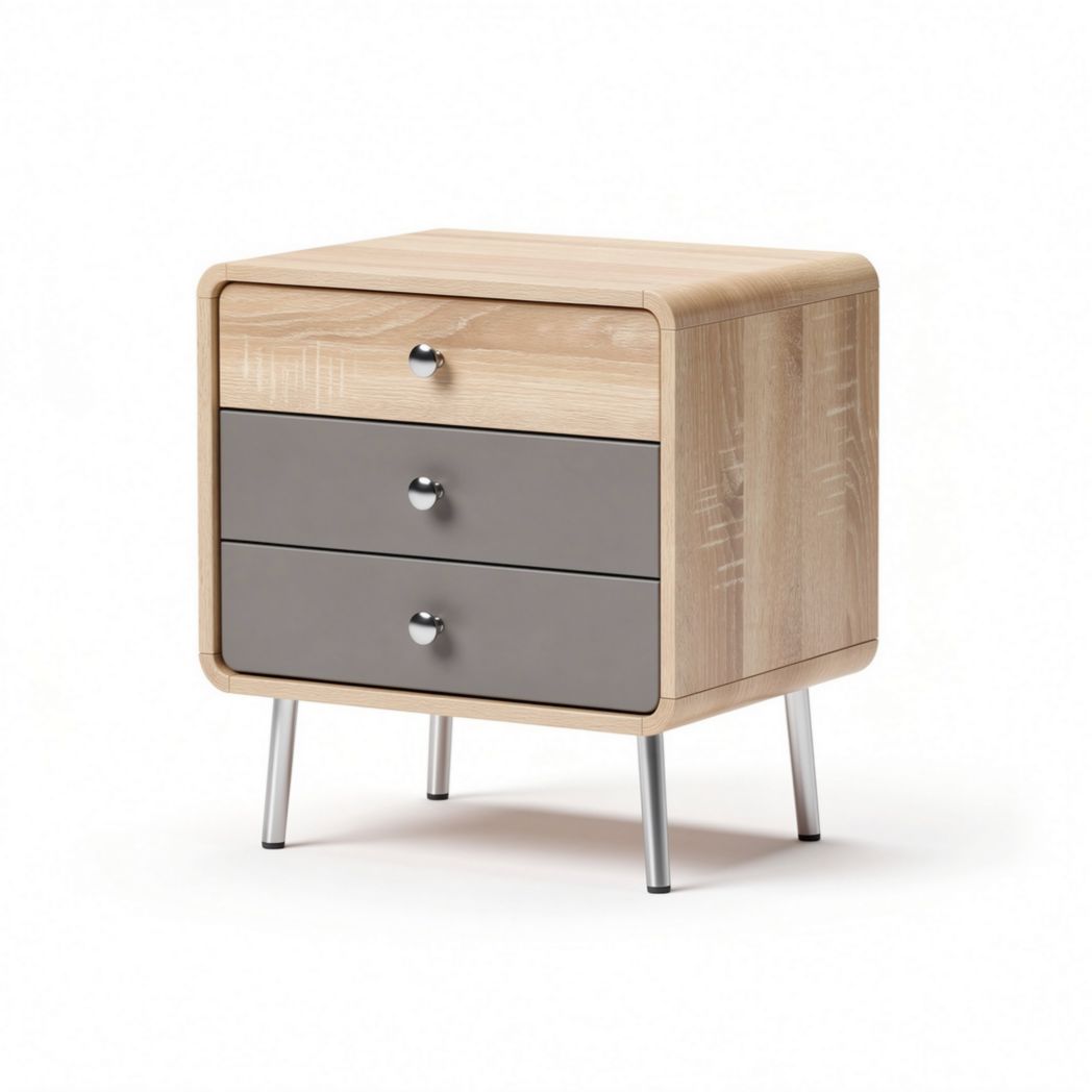 Wooden nightstand with three drawers and metal legs in natural finish