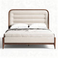 Upholstered bed frame with wooden accents in neutral color 200 x 160 x 100cm
