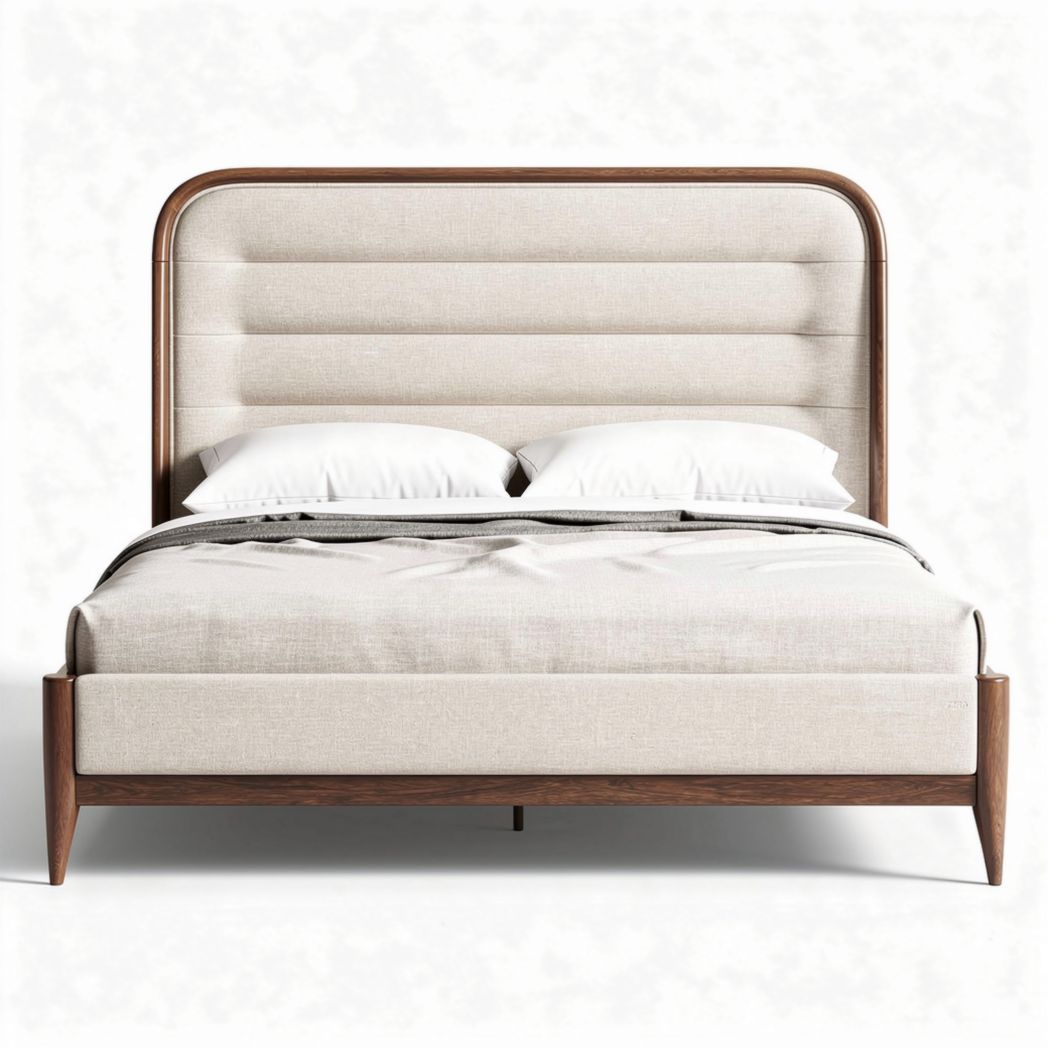 Upholstered bed frame with wooden accents in neutral color 200 x 160 x 100cm
