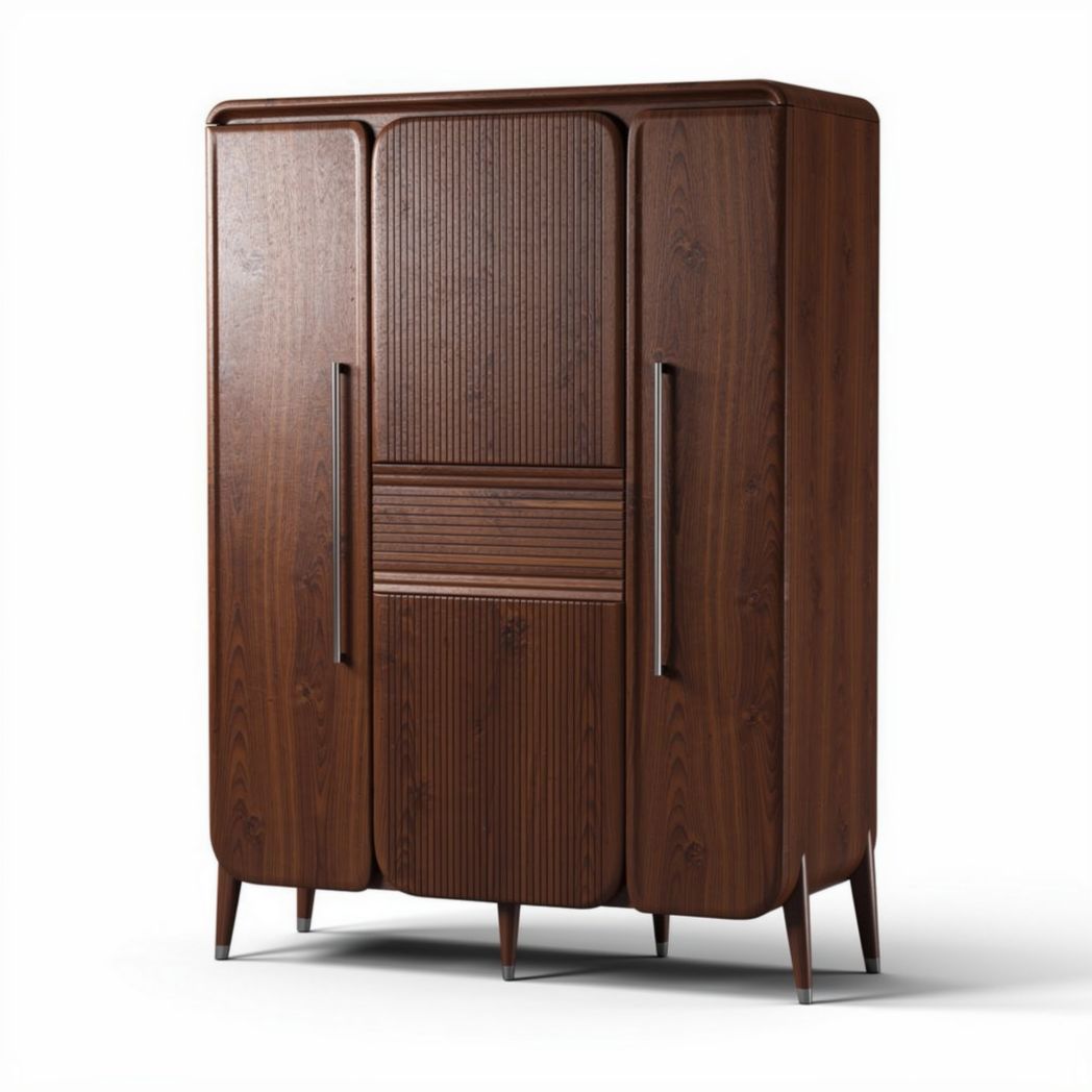 Wooden three-door wardrobe in dark brown finish with vertical stripe design 120 x 60 x 180cm