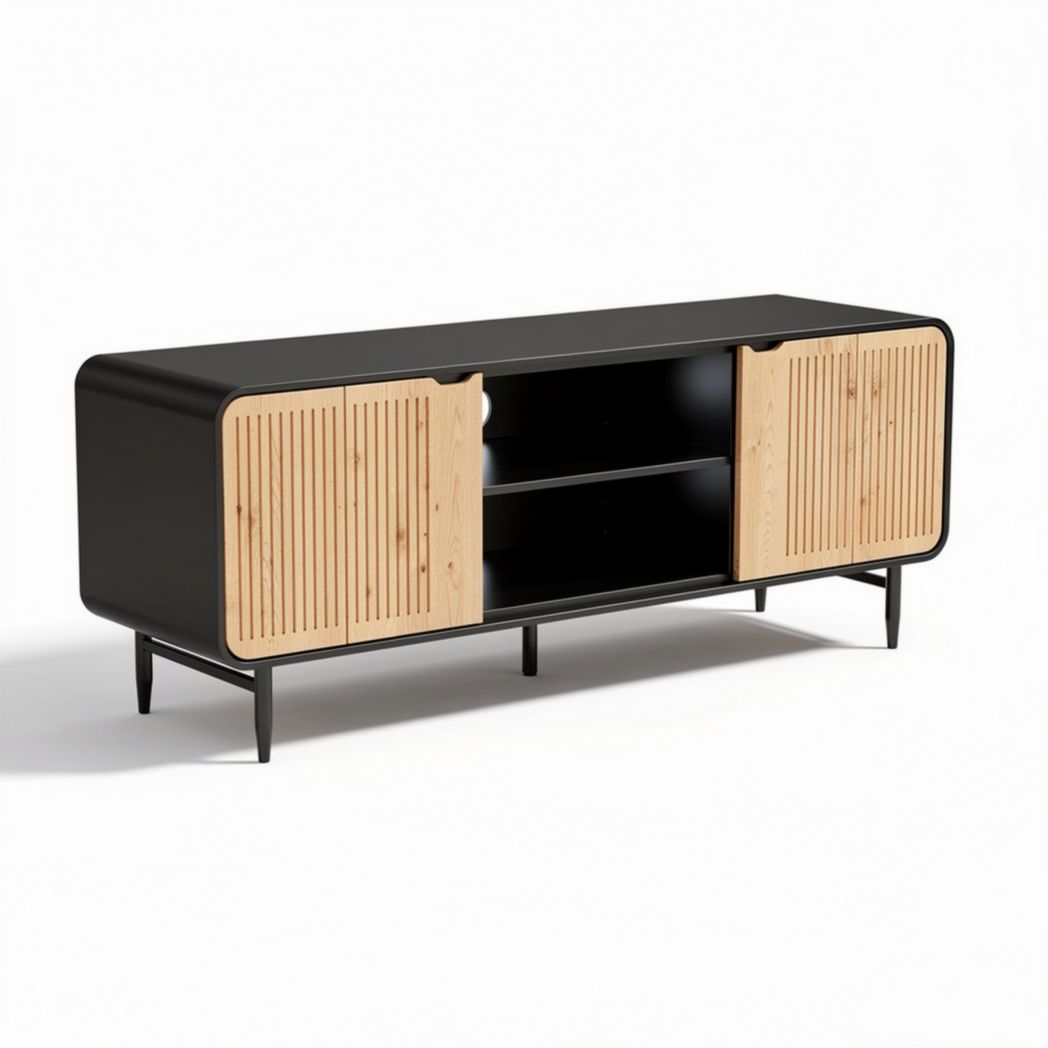 Modern black and bamboo storage cabinet with sliding doors 150 x 40 x 50cm