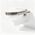 Wall-mounted toilet with stainless steel finish and elongated bowl design