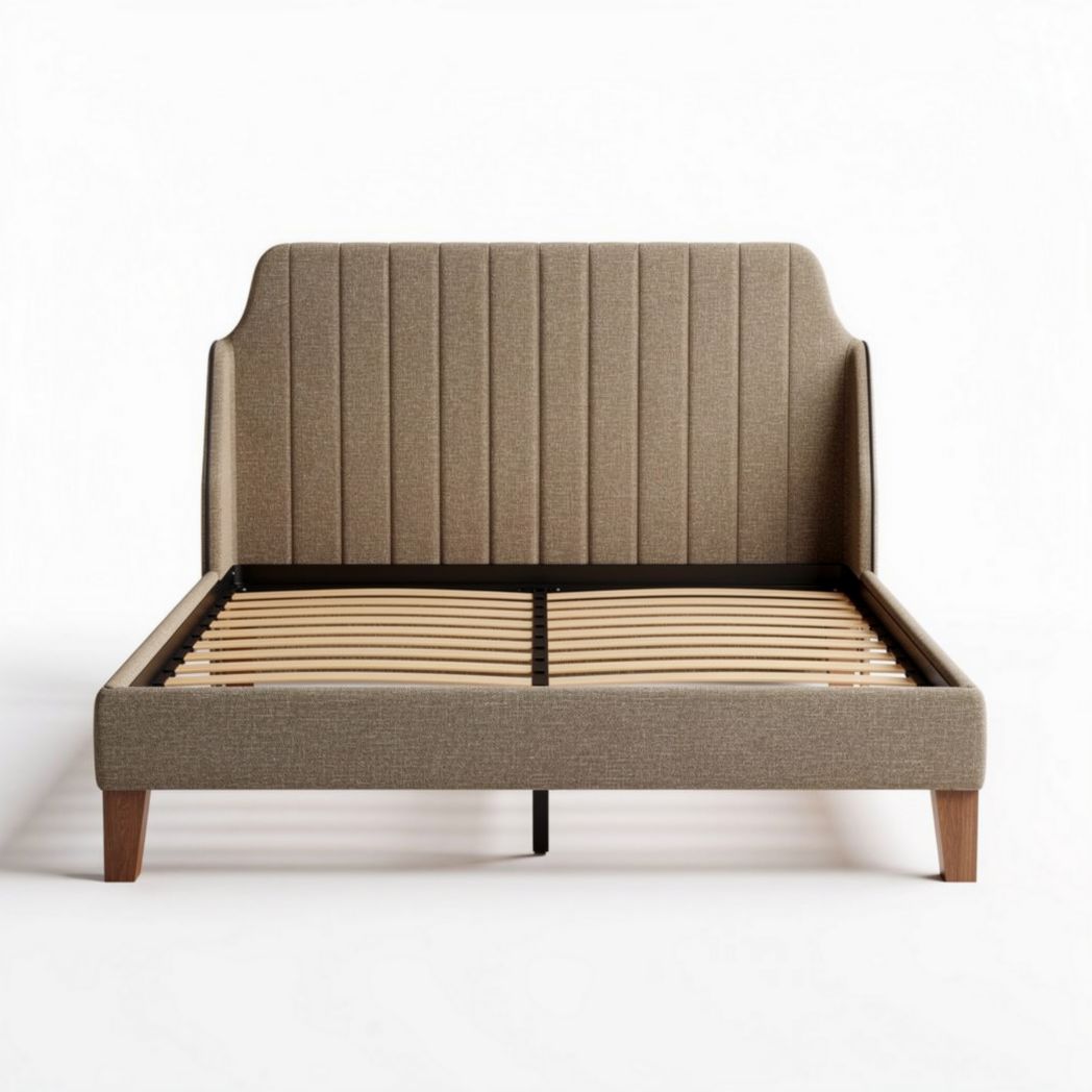 Upholstered bed frame with wooden slats in beige color 200 x 160 x 120cm