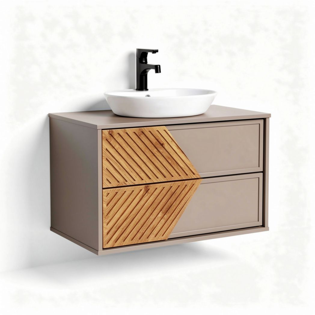 Wall-mounted bathroom vanity cabinet with oak finish and ceramic sink 80 x 45 x 35cm