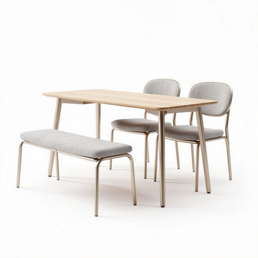 Wooden dining table set with upholstered bench and curved back chairs 150 x 80 x 75cm