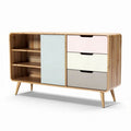 Wooden sideboard with mixed color drawers and open shelves 120 x 40 x 80cm
