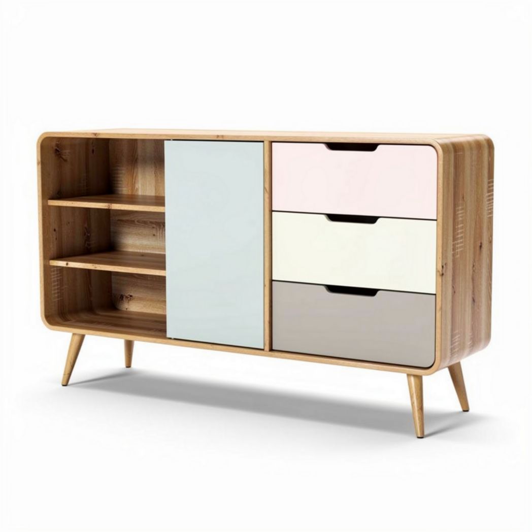 Wooden sideboard with mixed color drawers and open shelves 120 x 40 x 80cm