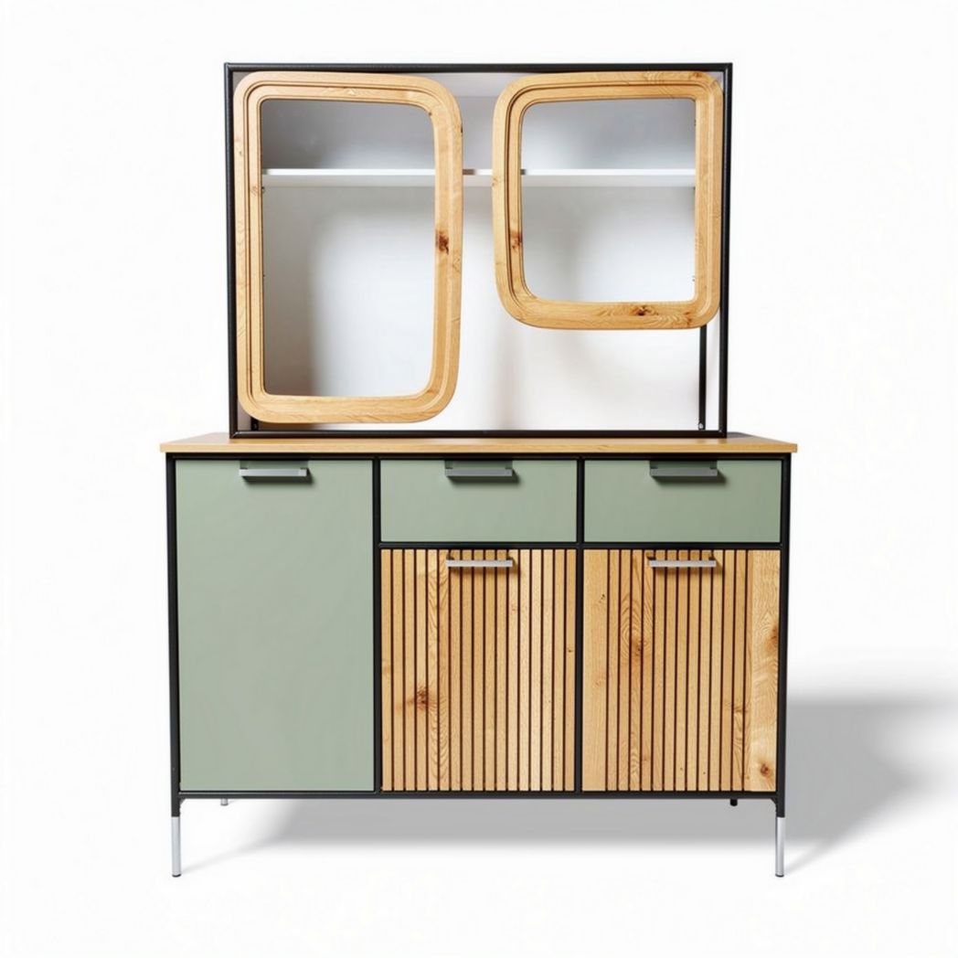 Wood and metal console cabinet with open shelves and sliding doors 80 x 40 x 160cm
