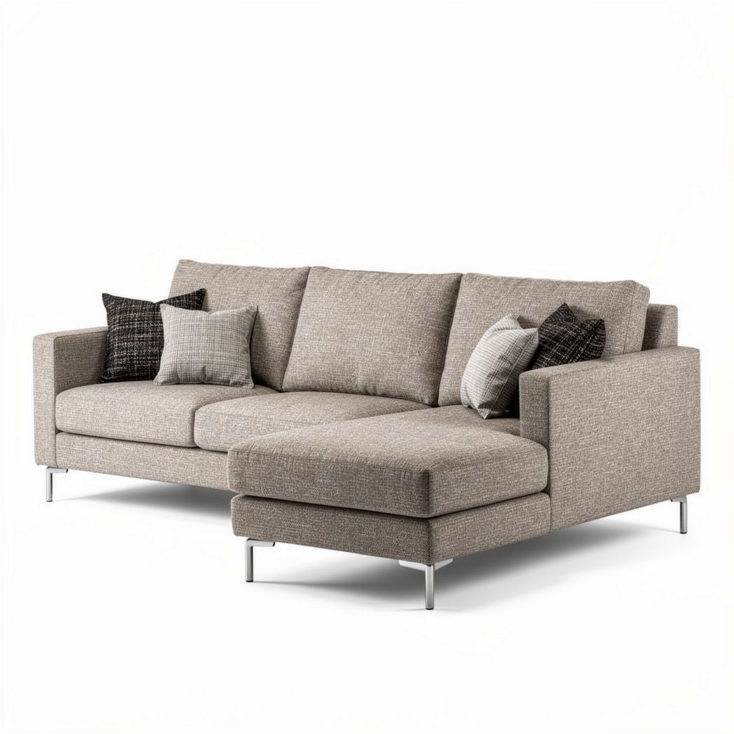 Fabric sectional sofa with chrome legs and decorative pillows 200 x 90 x 85cm