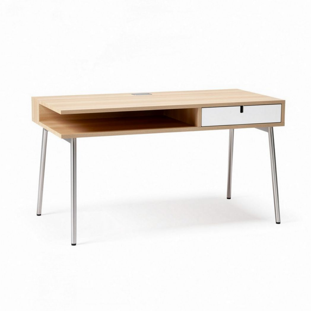 Contemporary wooden desk with silver legs and storage drawer 120 x 60 x 75cm